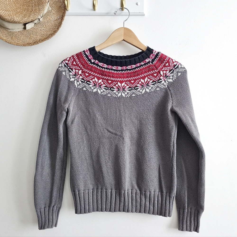 GH Bass “Knitted by Bass” Fair Isle Nordic Sweater Gray Red 100% Cotton Size S